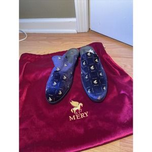 Mery Blue Gold Pegasus Embroidered Velvet Leather Block Loafers 40/10 Bag New